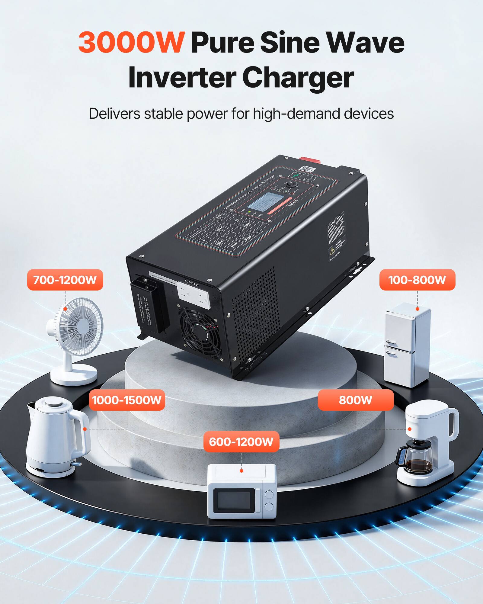 3000W Pure Sine Wave Inverter Charger Delivers stable power for high-demand devices

700-1200W
100-800W
1000-1500W
800W
600-1200W
