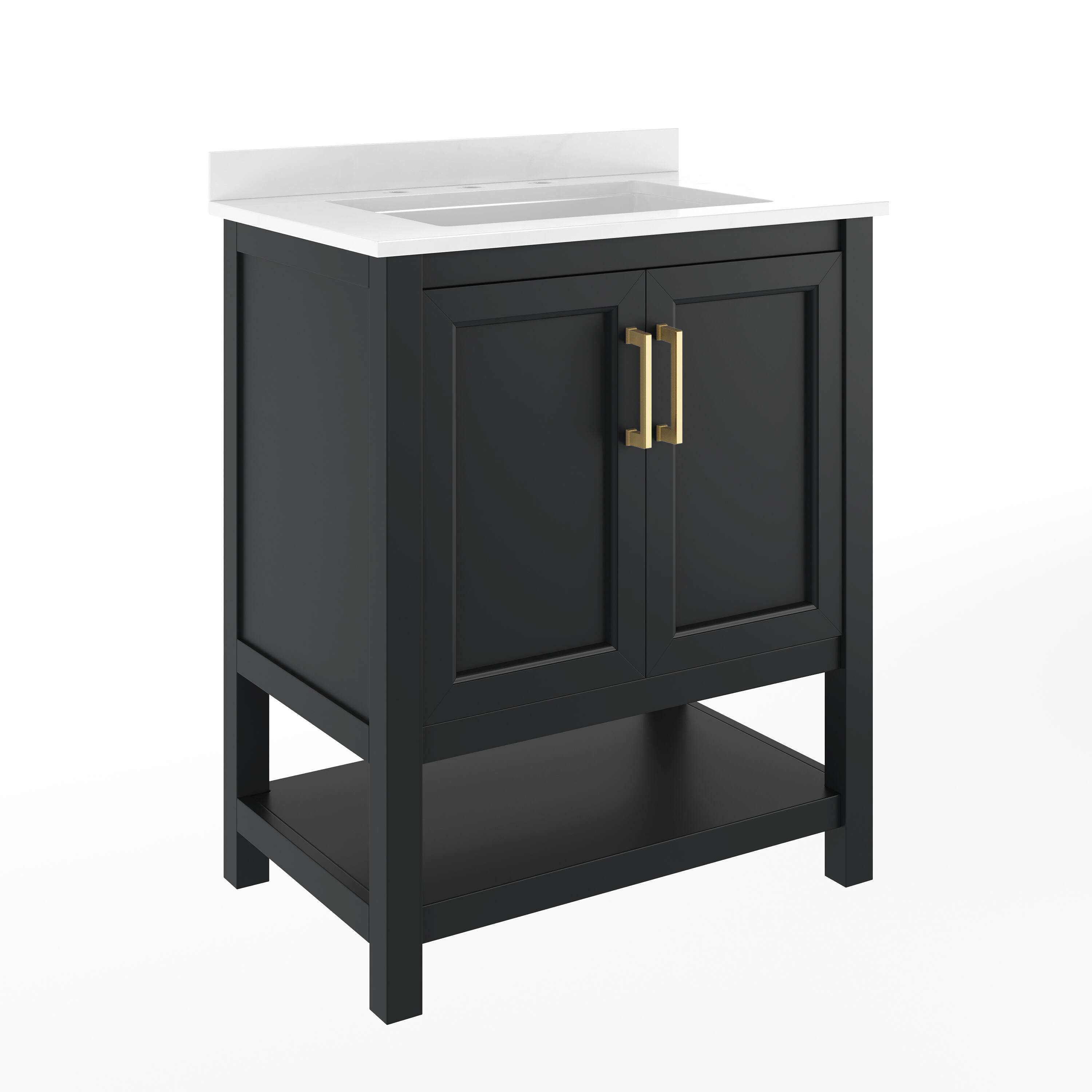 Alt View 1. Emma + Oliver - Vesta Bathroom Vanity, Single Sink Cabinet with 2 Soft Close Doors and Open Shelf, Carrara Marble Finish Countertop - Black Frame/Gold Hardware.