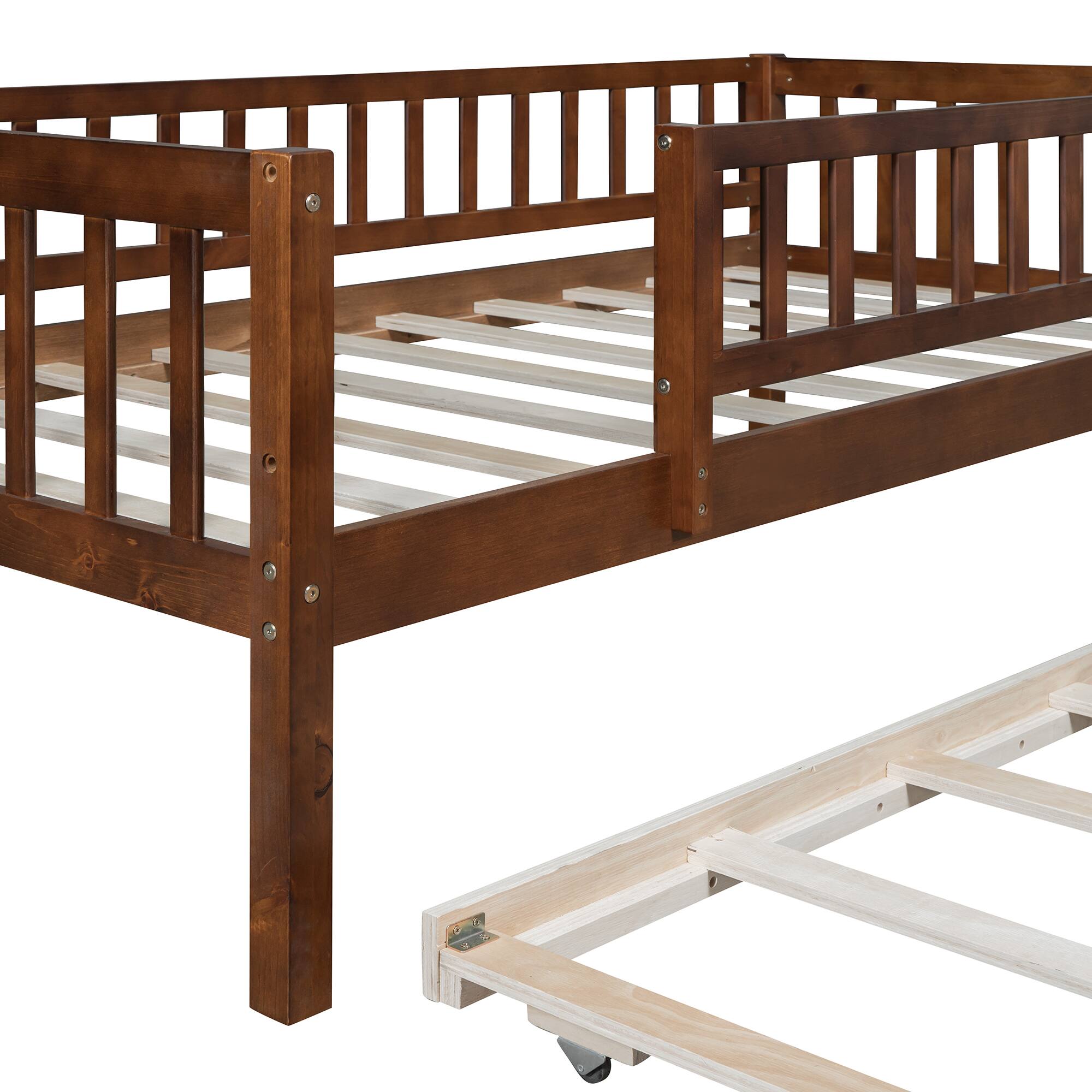 Alt View 5. Tiramisubest - Twin Size Wood Daybed with Trundle and Fence Guardrails, Walnut - Walnut.