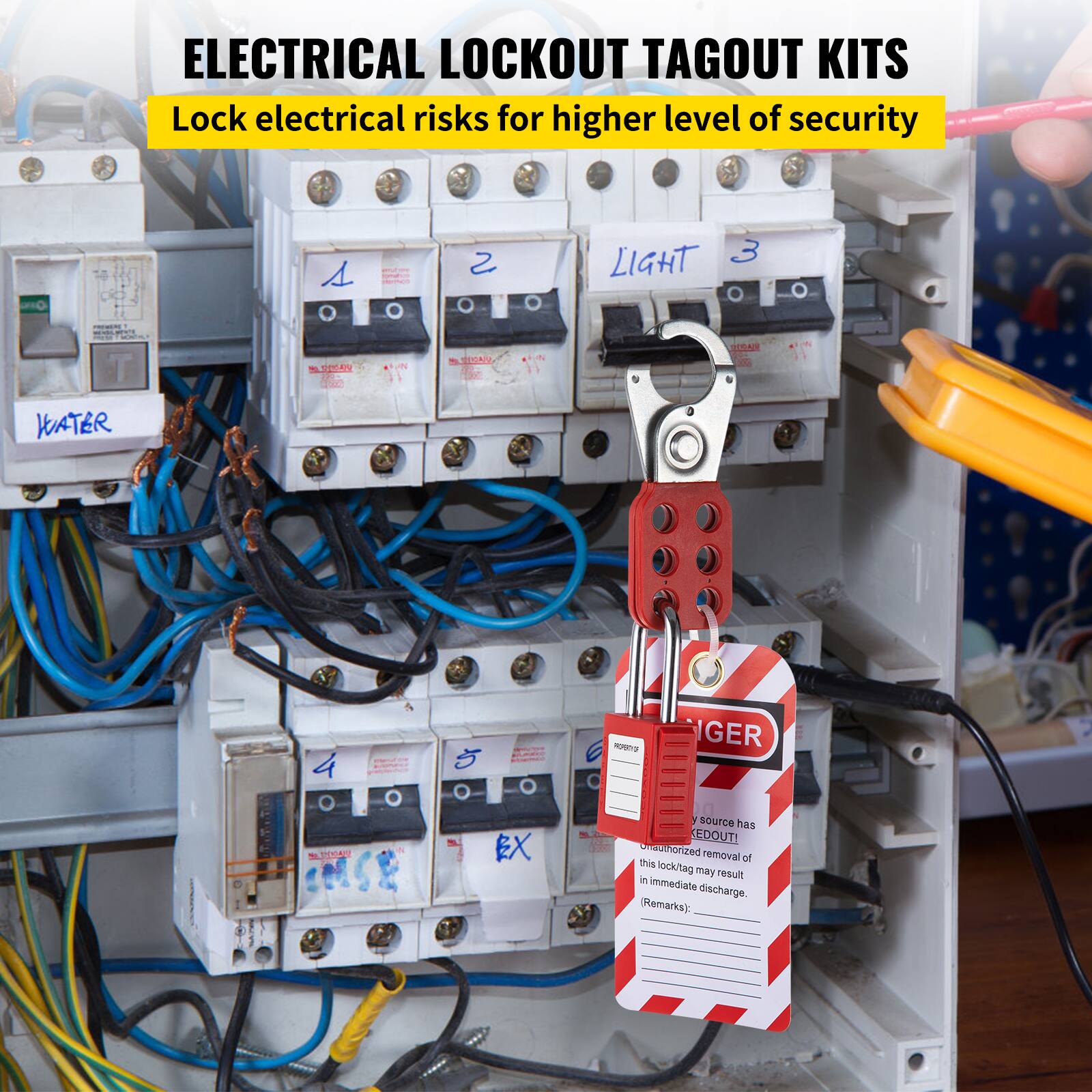 ELECTRICAL LOCKOUT TAGOUT KITS  
Lock electrical risks for a higher level of security  

1. WATER  
2. LIGHT  
3.  
4.  
5. EX  

Any source has been DE-ENERGIZED!  
Unauthorized removal of this lock/tag may result in immediate discharge.  
(Remarks):