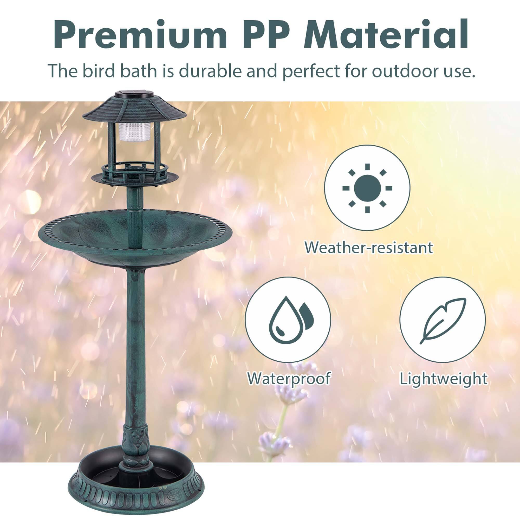 Premium PP Material  
The bird bath is durable and perfect for outdoor use.  

- Weather-resistant  
- Waterproof  
- Lightweight