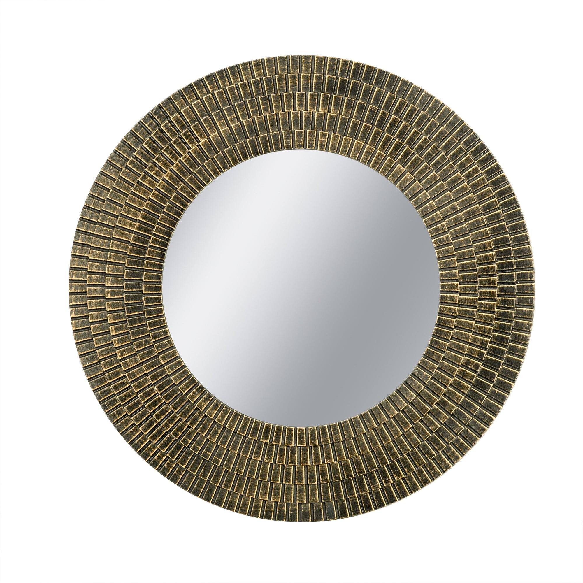 Front. BreeBe - D29.5' Round Gold And Black Wooden Accent Mirror With Woven Texture - Gold+Black.