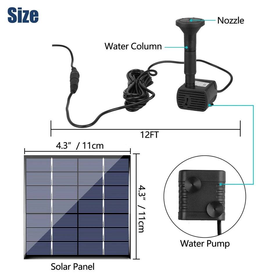 - Size
  - Water Column: 12FT
  - Nozzle: 4.3" / 11cm
  - Solar Panel: 4.3" / 11cm
  - Water Pump: 4.3" / 11cm