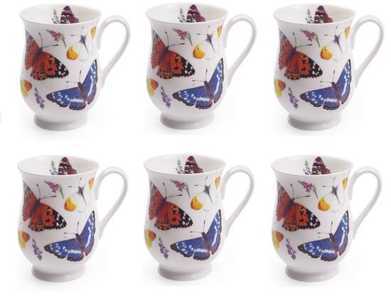 Front. Jiallo - Roy Kirkham Eleanor Mug - Butterfly Garden Set of 6, Bone China Ceramic Made in England - Mutli color.
