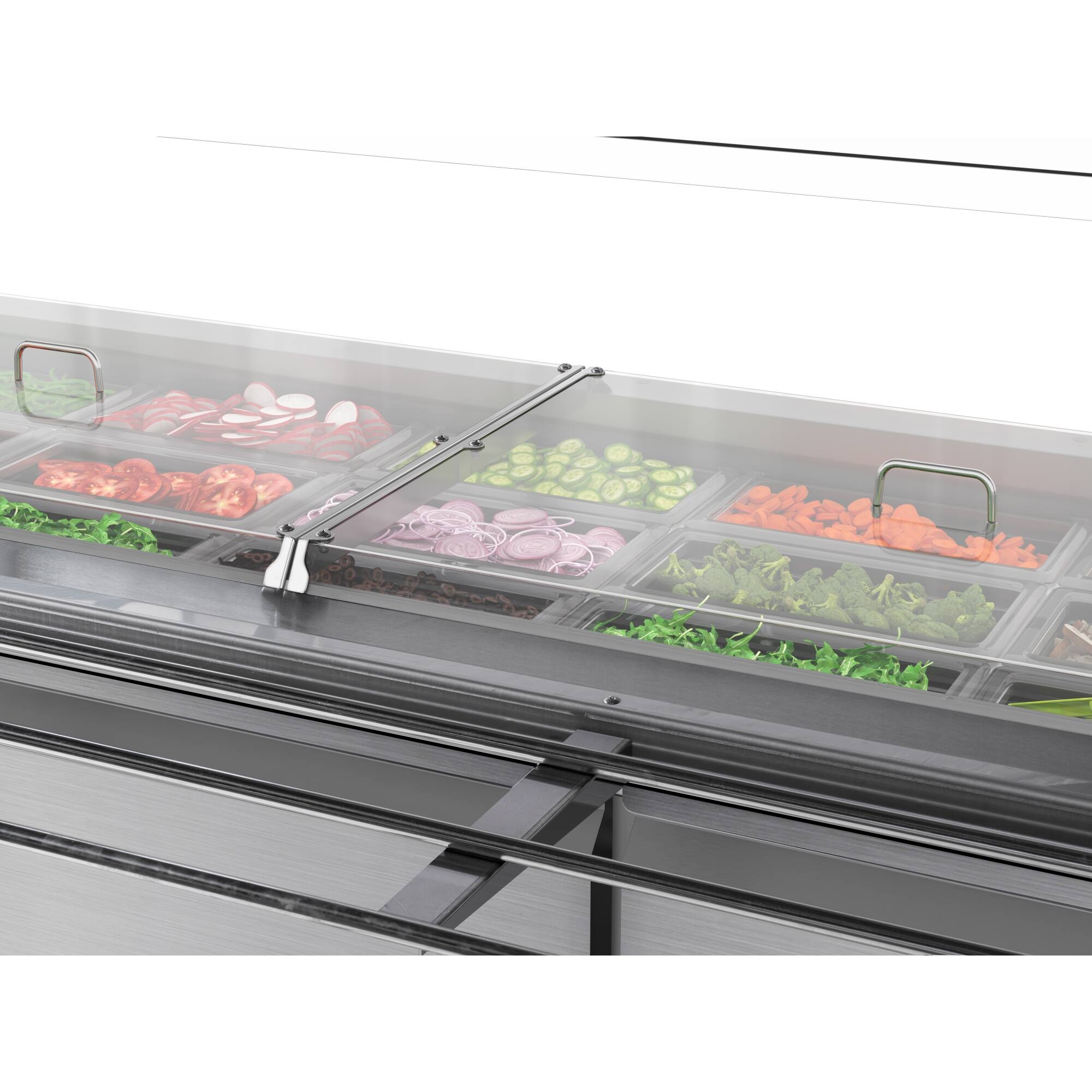Back. Koolmore - 72 in. Refrigerated Prep Station with Sneeze Guard and Buffet Slide, 15-Pan (Not Included) Capacity 3 Adjustable Shelves - Stainless-Steel.