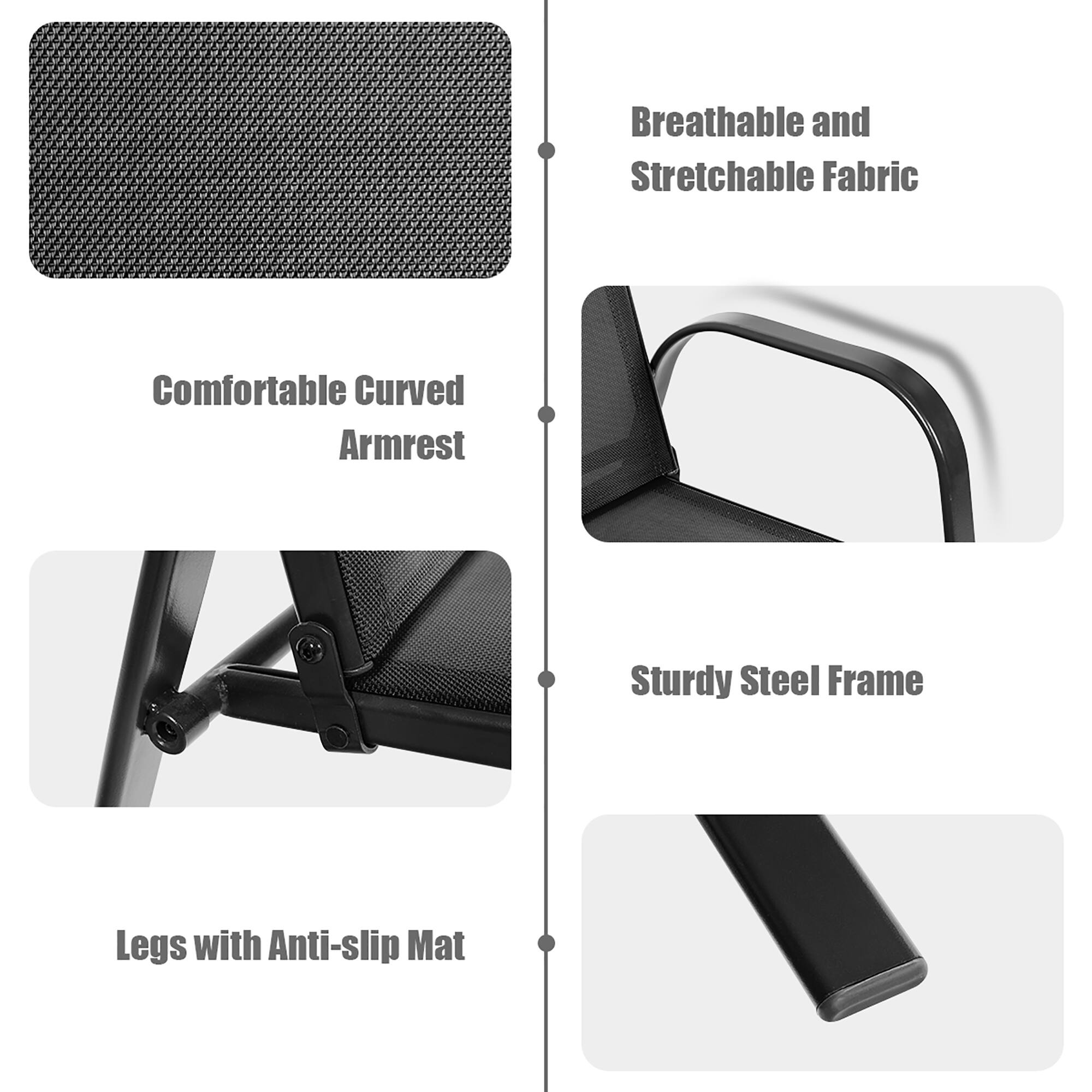 - Breathable and Stretchable Fabric
- Comfortable Curved Armrest
- Sturdy Steel Frame
- Legs with Anti-slip Mat