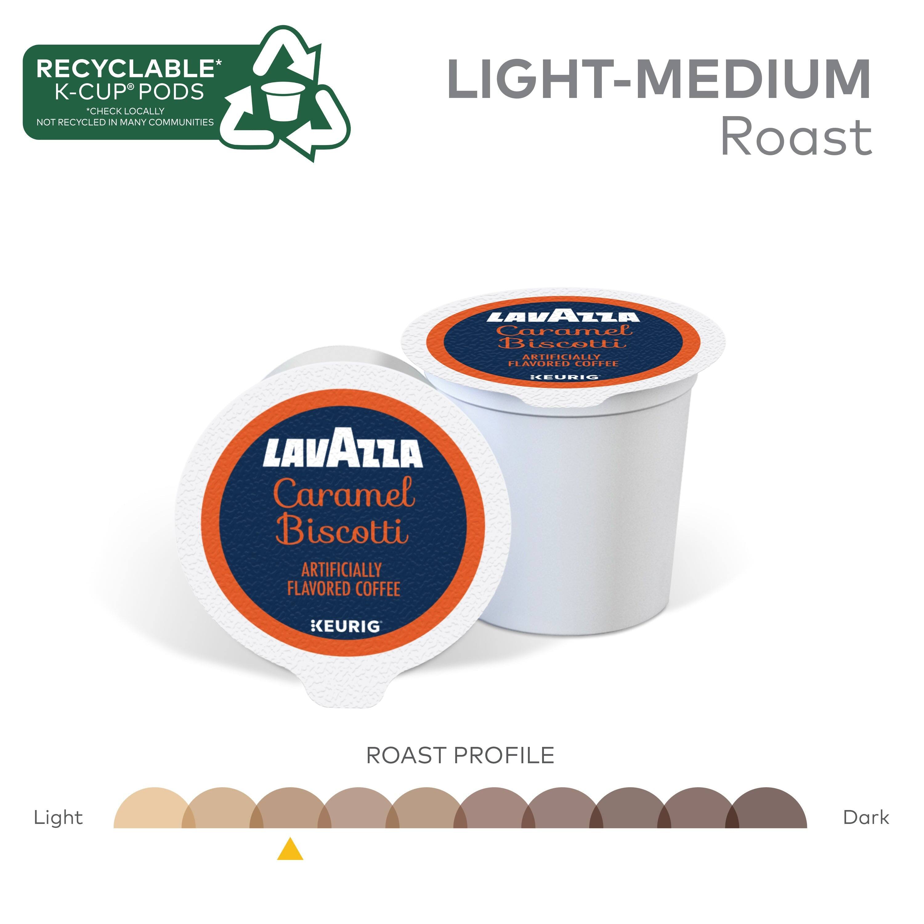 RECYCLABLE* K-CUP PODS  
CHECK LOCALLY  
NOT RECYCLED IN MANY COMMUNITIES  

LIGHT-MEDIUM Roast  

LAVAZZA  
Caramel Biscotti  
ARTIFICIALLY FLAVORED COFFEE  
KEURIG  

ROAST PROFILE  
Light  
Dark