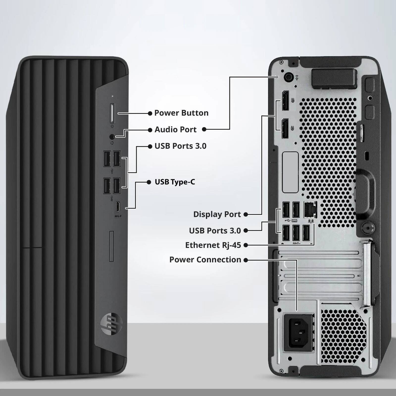 Power Button  
Audio Port  
USB Ports 3.0  
USB Type-C  

Display Port  
USB Ports 3.0  
Ethernet RJ-45  
Power Connection