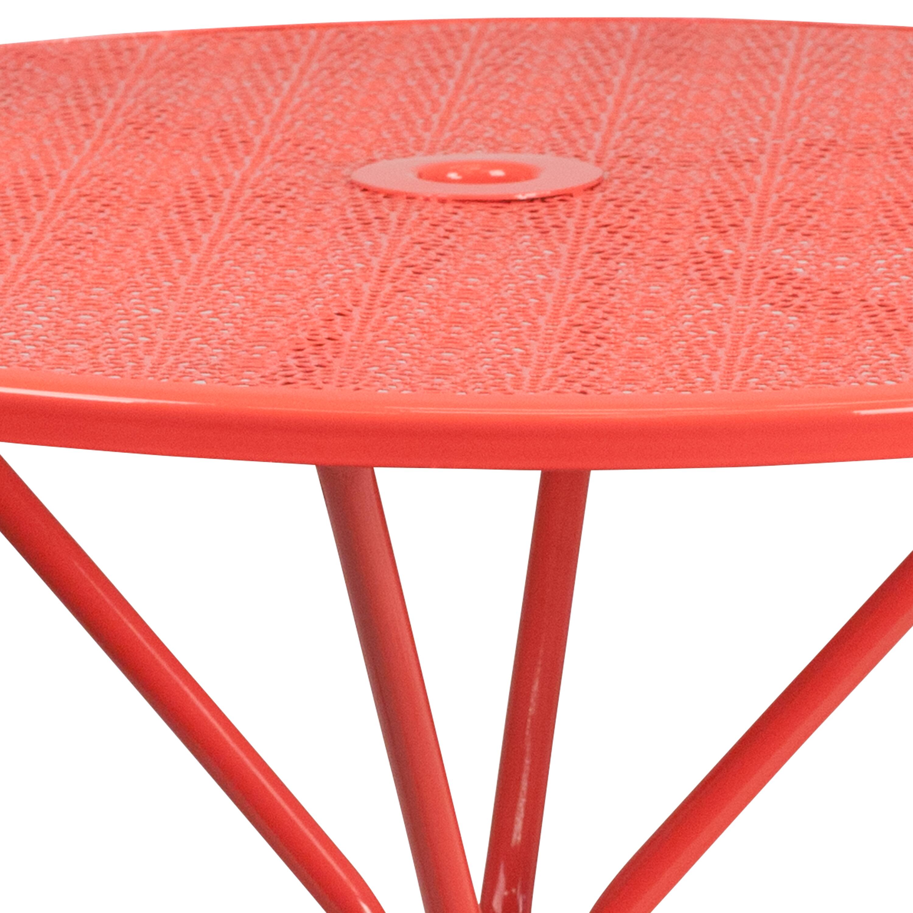Alt View 5. Emma + Oliver - Commercial Grade 35.25" Round Colorful Metal Garden Patio Table with Umbrella Hole - Coral.