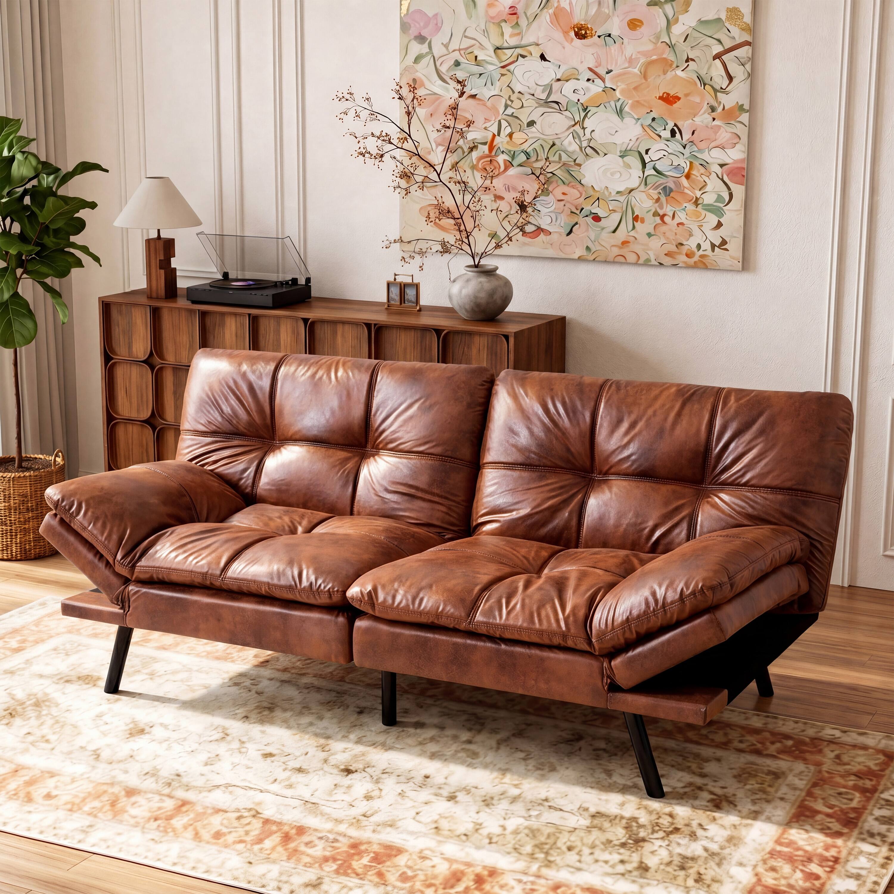 Left. Vipbear - 71" Futon Convertible Sofa Bed, Modern Loveseat with Adjustable Armrests&Backrest for Small Spaces Apartments & Office - Brown.