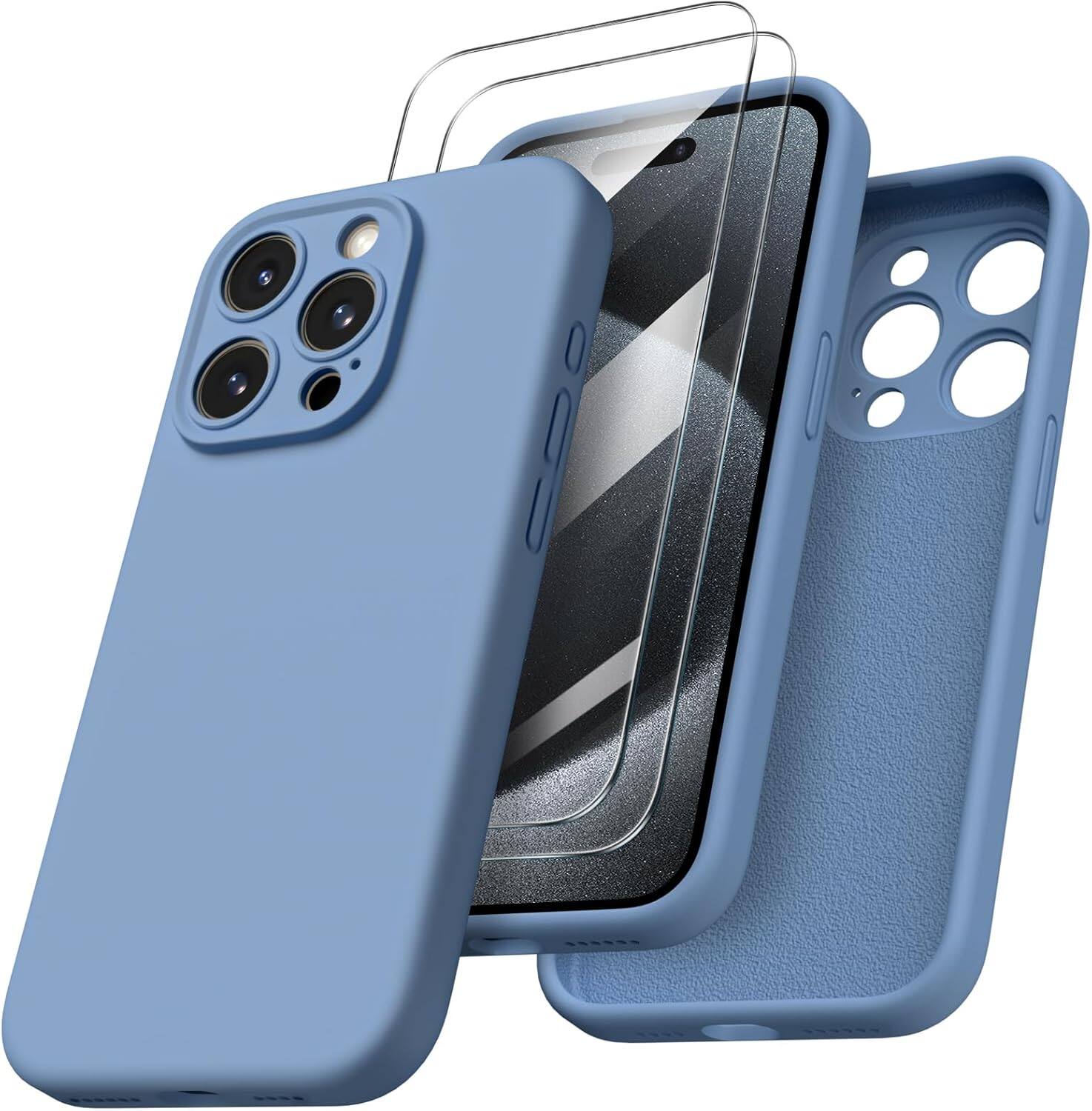 Ornarto - Designed for iPhone 15 Pro Max Case with 2X Screen Protector, Liquid Silicone Protective Case 6.7" - French Blue