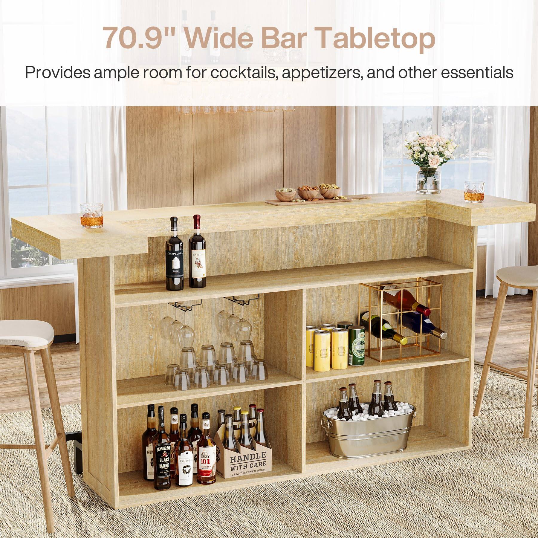 70.9" Wide Bar Tabletop  
Provides ample room for cocktails, appetizers, and other essentials

CHAMLAND  
gig  
DC BLACK DARVES  
KD 1821 01 1,..00  
HANDLE CARE WITH PROKED KOON CRAFT