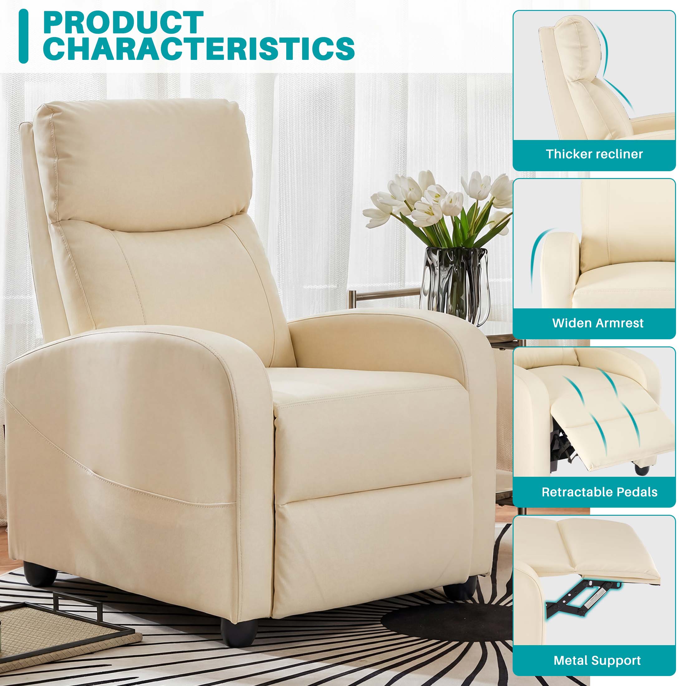 PRODUCT CHARACTERISTICS

- Thicker recliner
- Widen Armrest
- Retractable Pedals
- Metal Support