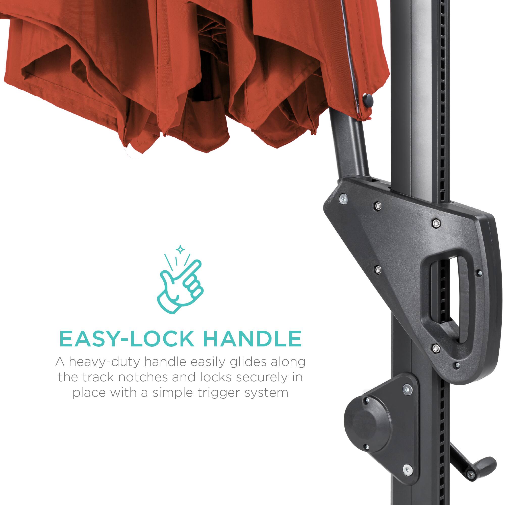 EASY-LOCK HANDLE

A heavy-duty handle easily glides along the track notches and locks securely in place with a simple trigger system.