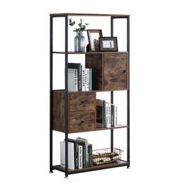 Vecelo - 5-Tier Vintage Industrial Bookshelf Whit Drawer, Matte Black Metal Storage Organizer for Living Room, Bedroom Entryway - Brown