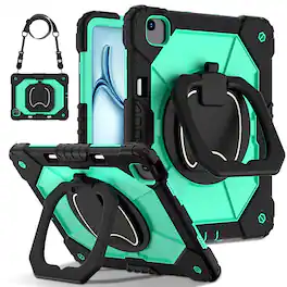 Dteck - Case for Apple iPad Air 11-inch M4 (2026)/M3 (2025) / M2 (2024), 3-Layer Rugged Kickstand Handle Grip Cover+Strap - Black Mint