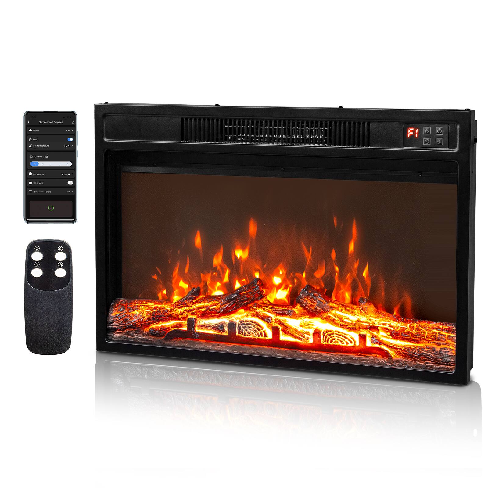 Alt View 1. Winado - 26" WiFi Smart Electric Fireplace Insert, 1500W Wall Recessed Fireplace Heater with 3 Color Adjustable Flames - Black.