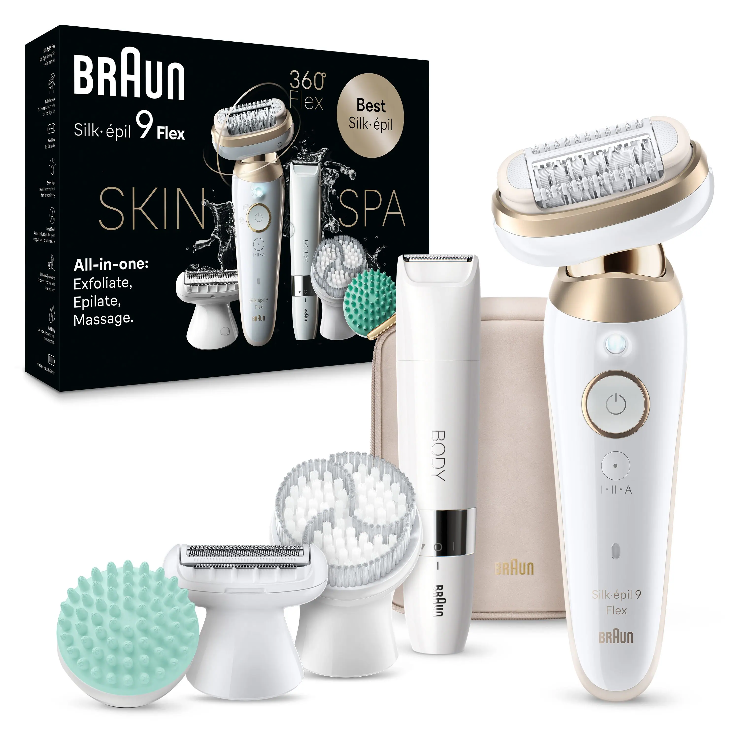 BRAUN Silk-épil 9 Flex  
360° Flex  
Best Silk-épil  
SKIN SPA  
All-in-one: Exfoliate, Epilate, Massage.