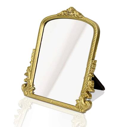 Front. Pacoar Cade - Champagne Vintage Baroque Vanity Mirror Small Arched Makeup Free Standing For Dresser Bedroom Living Room - Default.
