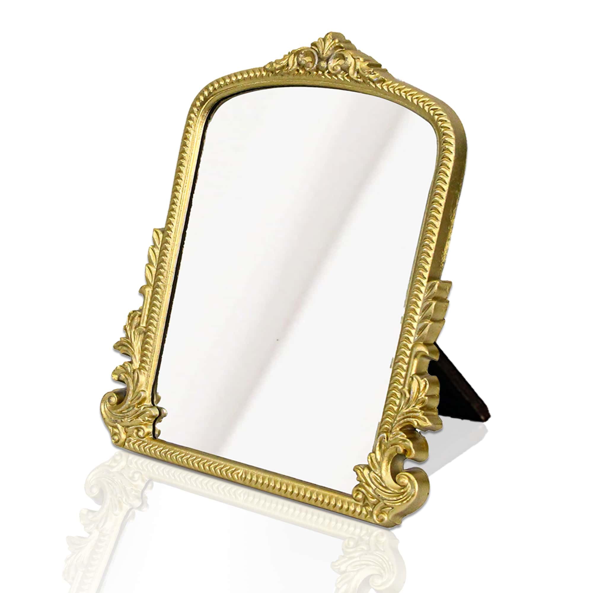 Front. Pacoar Cade - Champagne Vintage Baroque Vanity Mirror Small Arched Makeup Free Standing For Dresser Bedroom Living Room - Default.