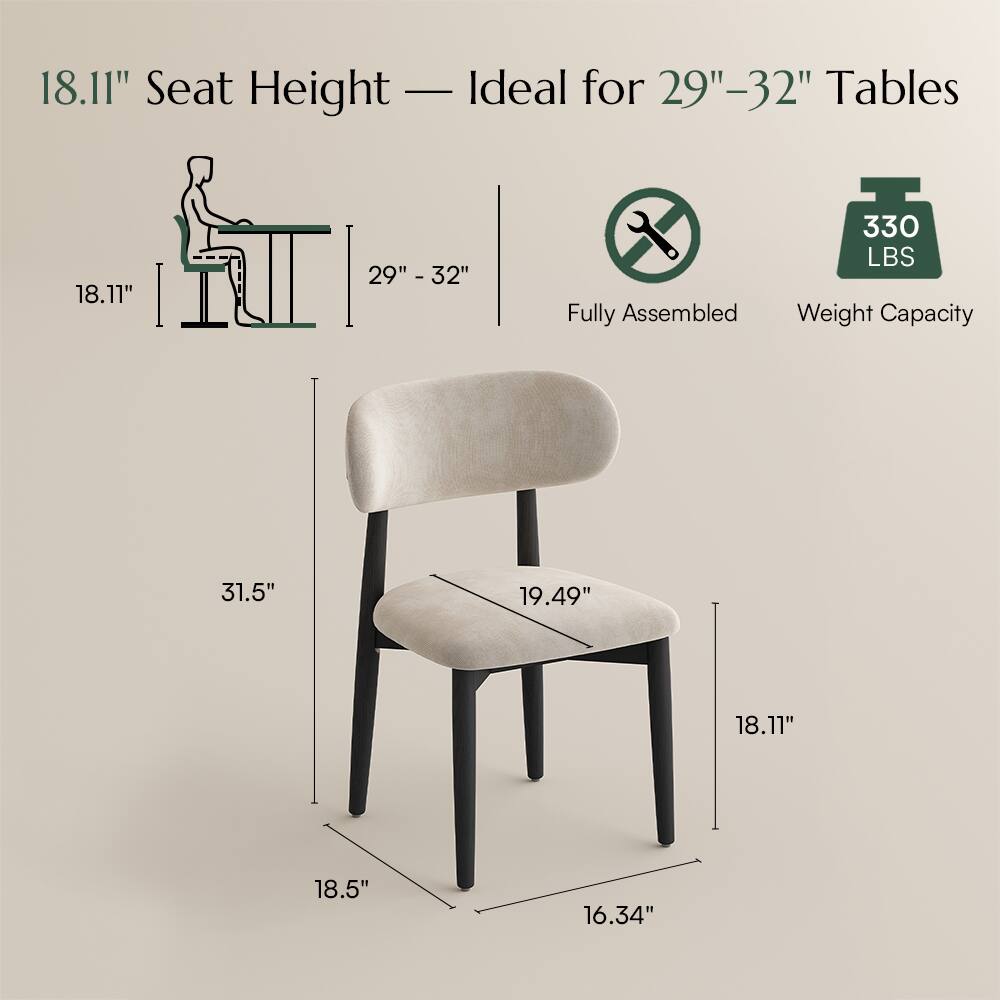 18.11" Seat Height — Ideal for 29"-32" Tables  
Fully Assembled  
330 LBS Weight Capacity  
31.5"  
19.49"  
18.11"  
18.5"  
16.34"