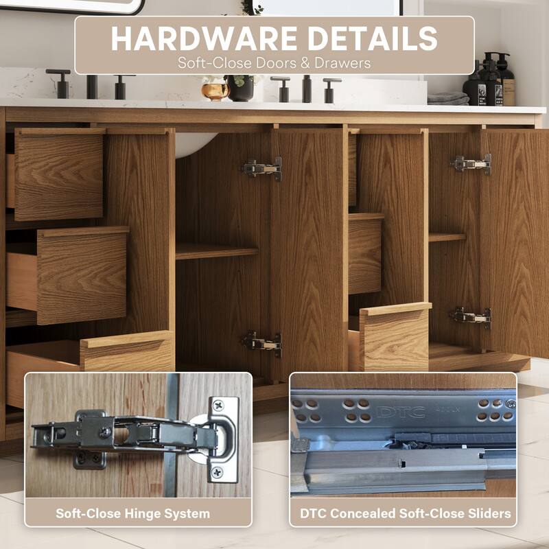 HARDWARE DETAILS  
Soft-Close Doors & Drawers  
- DTC ADOEN Soft-Close Hinge System  
- DTC Concealed Soft-Close Sliders