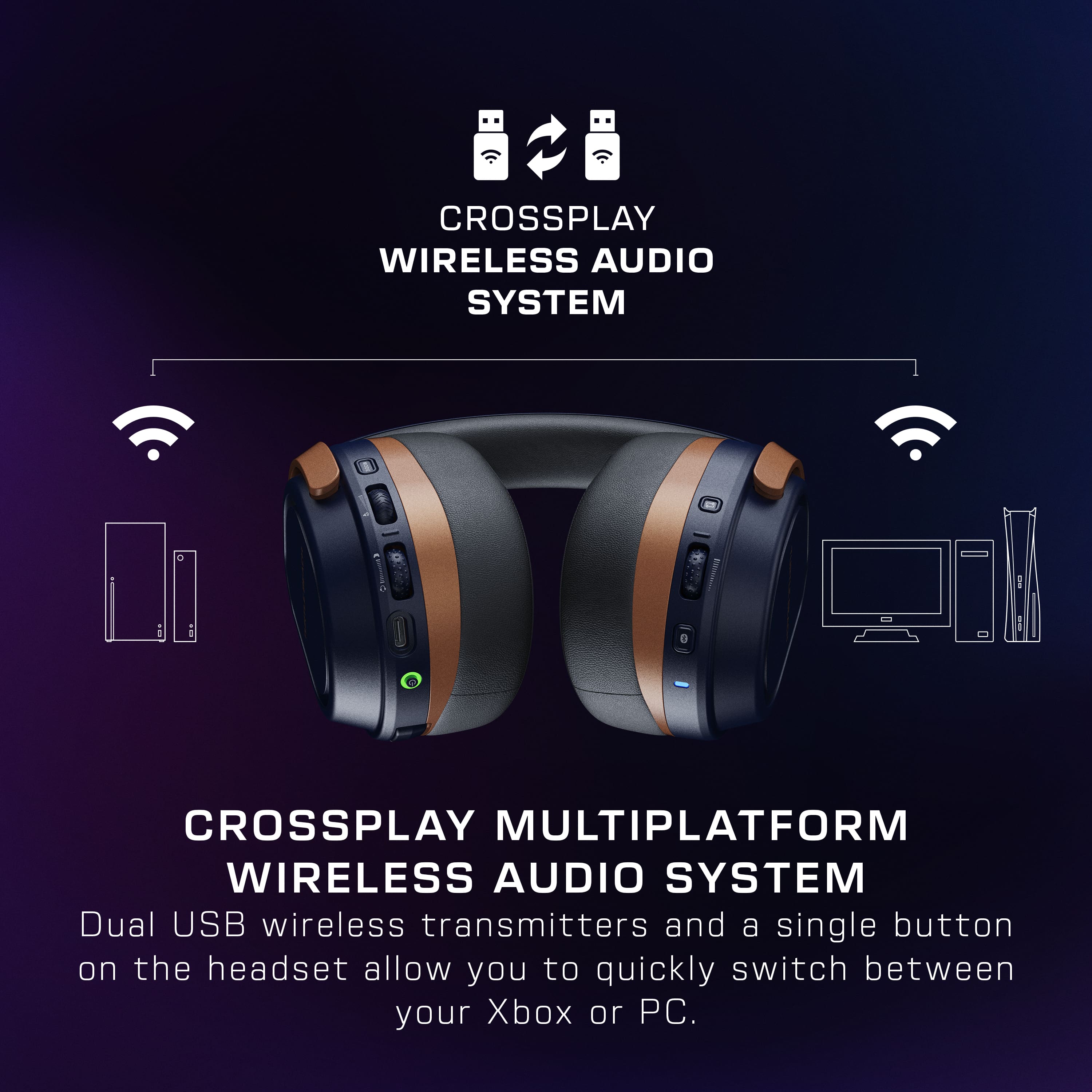Crossplay Wireless Audio System: Crossplay Multiplaform Wireless Audio System. Dual USB wireless transmitters and a single button on the headset allow you to quickly switch between your Xbox or PC.