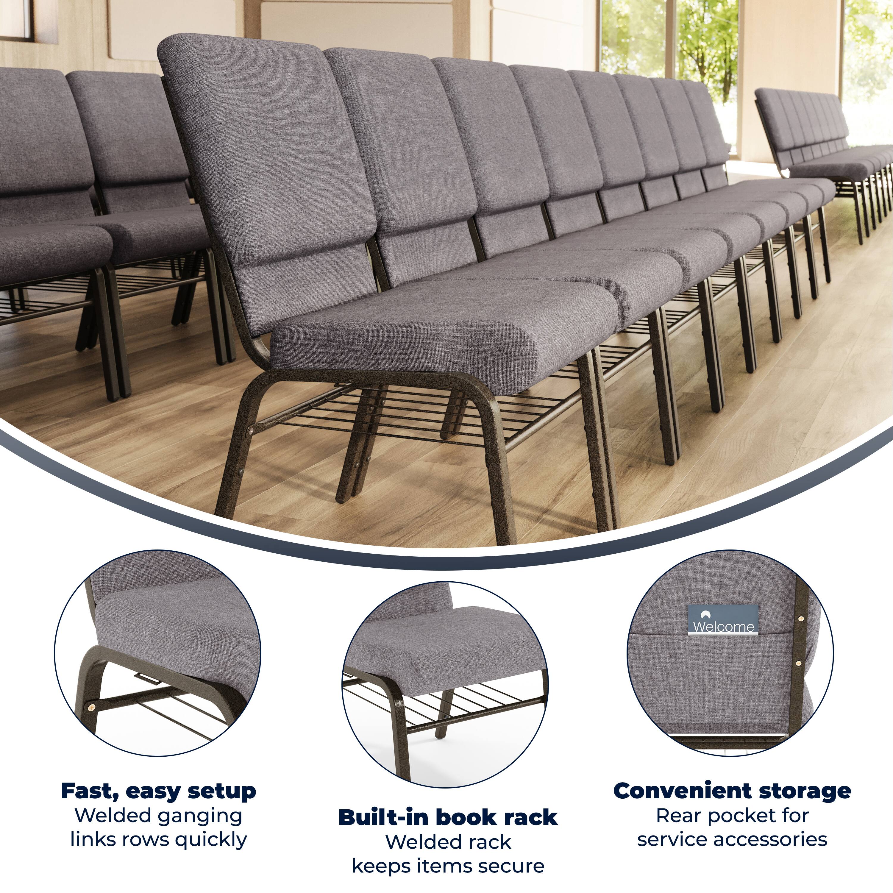 Fast, easy setup  
Welded ganging links rows quickly  

Built-in book rack  
Welded rack keeps items secure  

Convenient storage  
Rear pocket for service accessories
