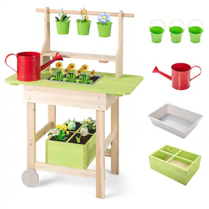 Front. Costway - Costway Kids Mud Kitchen with Removable Pots Watering Can Planting Trough Shelf Storage Box - Natural & Green.