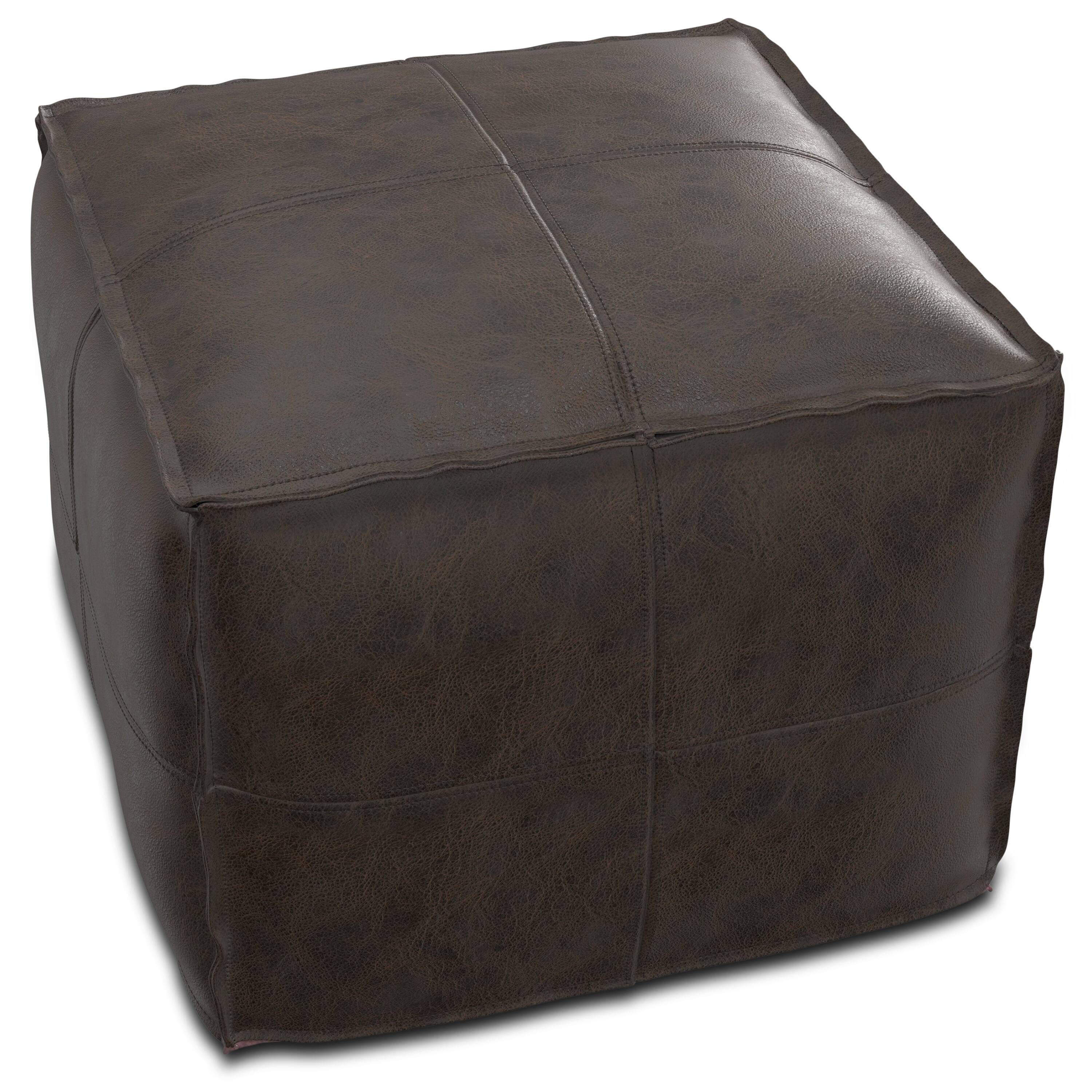 Alt View 1. Simpli Home - Simpli Home Sheffield 18 inch Wide Square Pouf in Distressed Dark Brown Genuine Leather - Distressed Dark Brown.