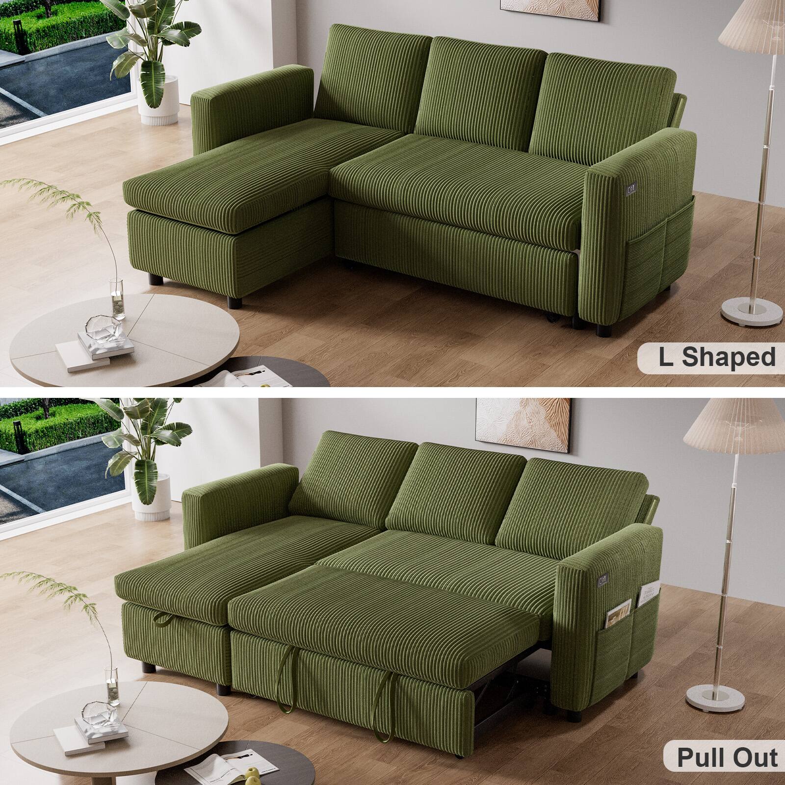 Back. Dyonery - Dyonery 81-inch sofa with pull-out bed, adjustable backrest, tool-free assembly, corduroy - Green.