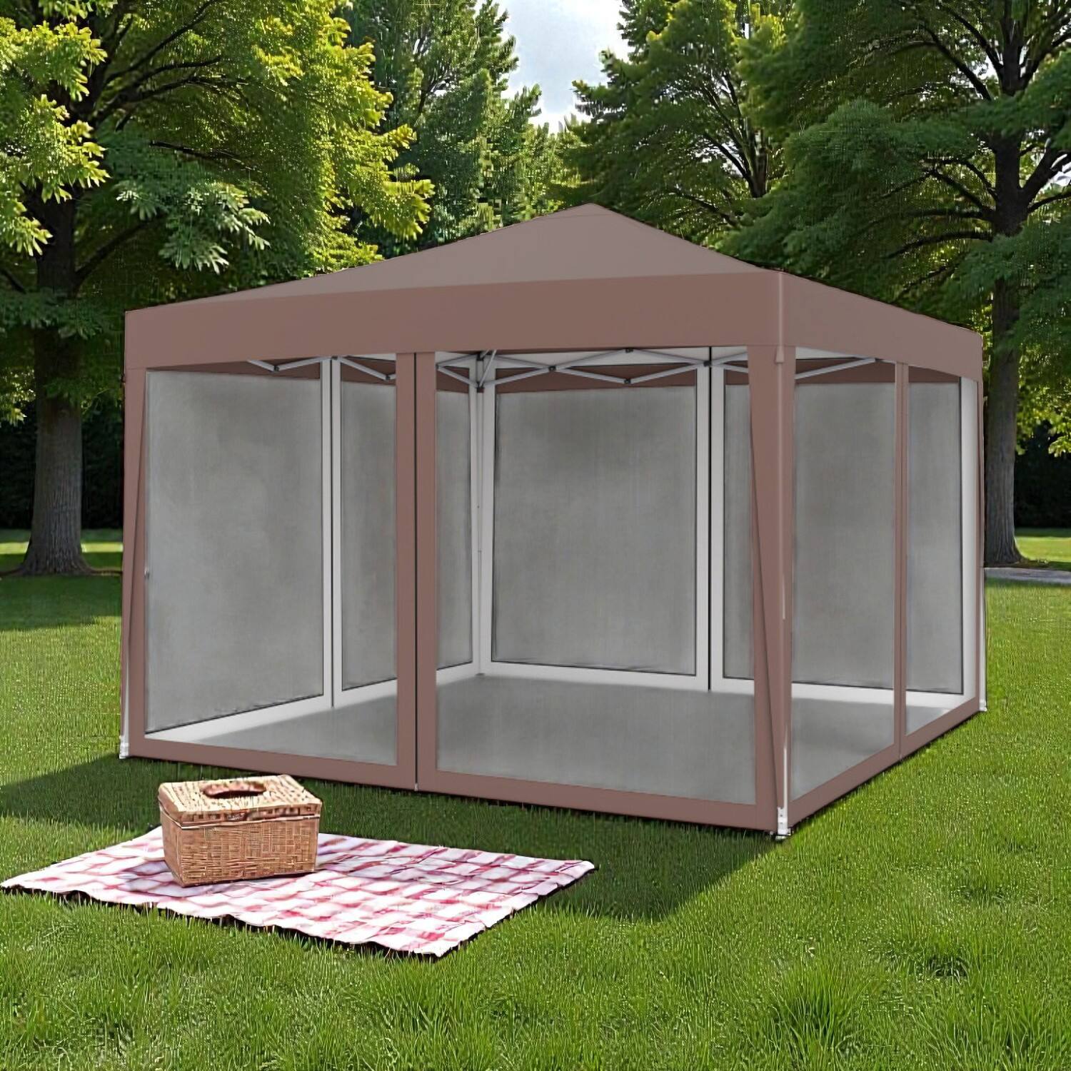 Hivvago - 10x10 Ft Quick Assembly Canopy Tent with Protective Mesh Walls - Coffee