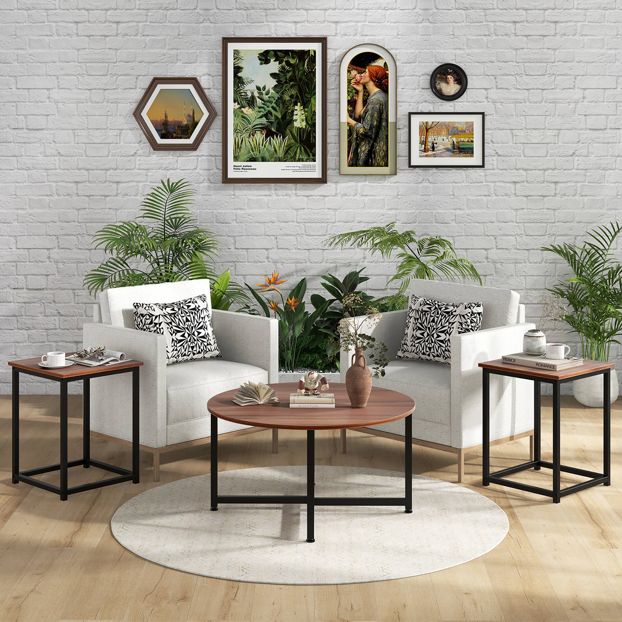 Alt View 3. Gymax - Gymax Round Nesting Table Set of 3 Modern/Farmhouse Coffee Table w/2 End Tables Walnut & Black - Walnut, Black.