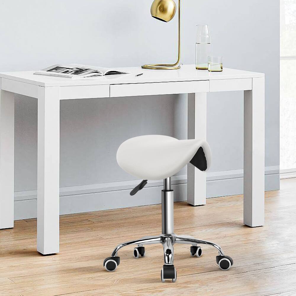 Alt View 1. KKTONER - KKTONER Rolling Saddle Stool PU Leather Swivel Adjustable Rolling Stool with Wheels Salon Chair White - White.