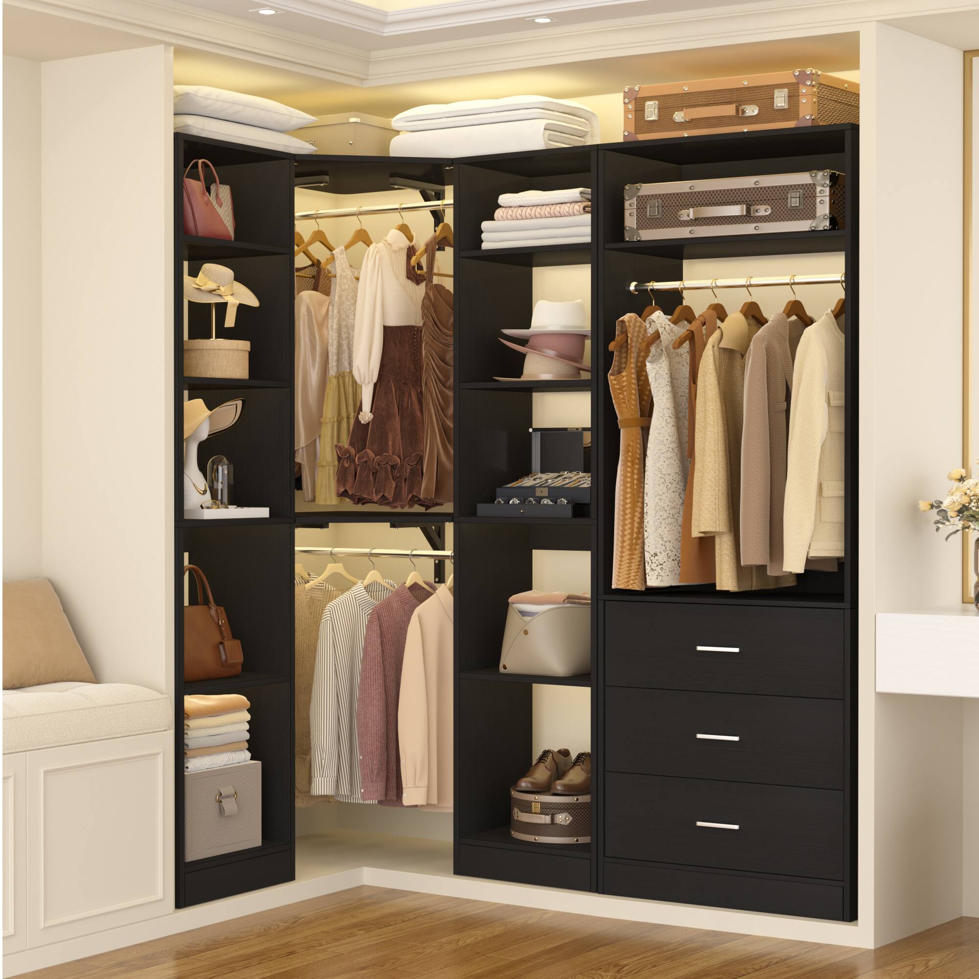 Left. Aheaplus - L-Shaped Corner Closet: 3 Drawers + 13 Shelves, 2000lb Capacity ,Space-Saving Walk-in Organizer - Black.