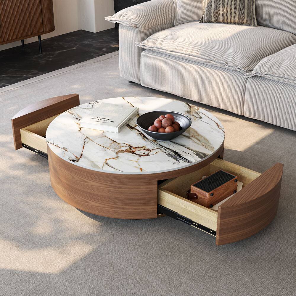 Left. POVISON - 39" Fully Assembled Wood Modern Round Drum Sintered Stone Coffee Table with 2 Drawers, Walnut & White - Walnut & White.