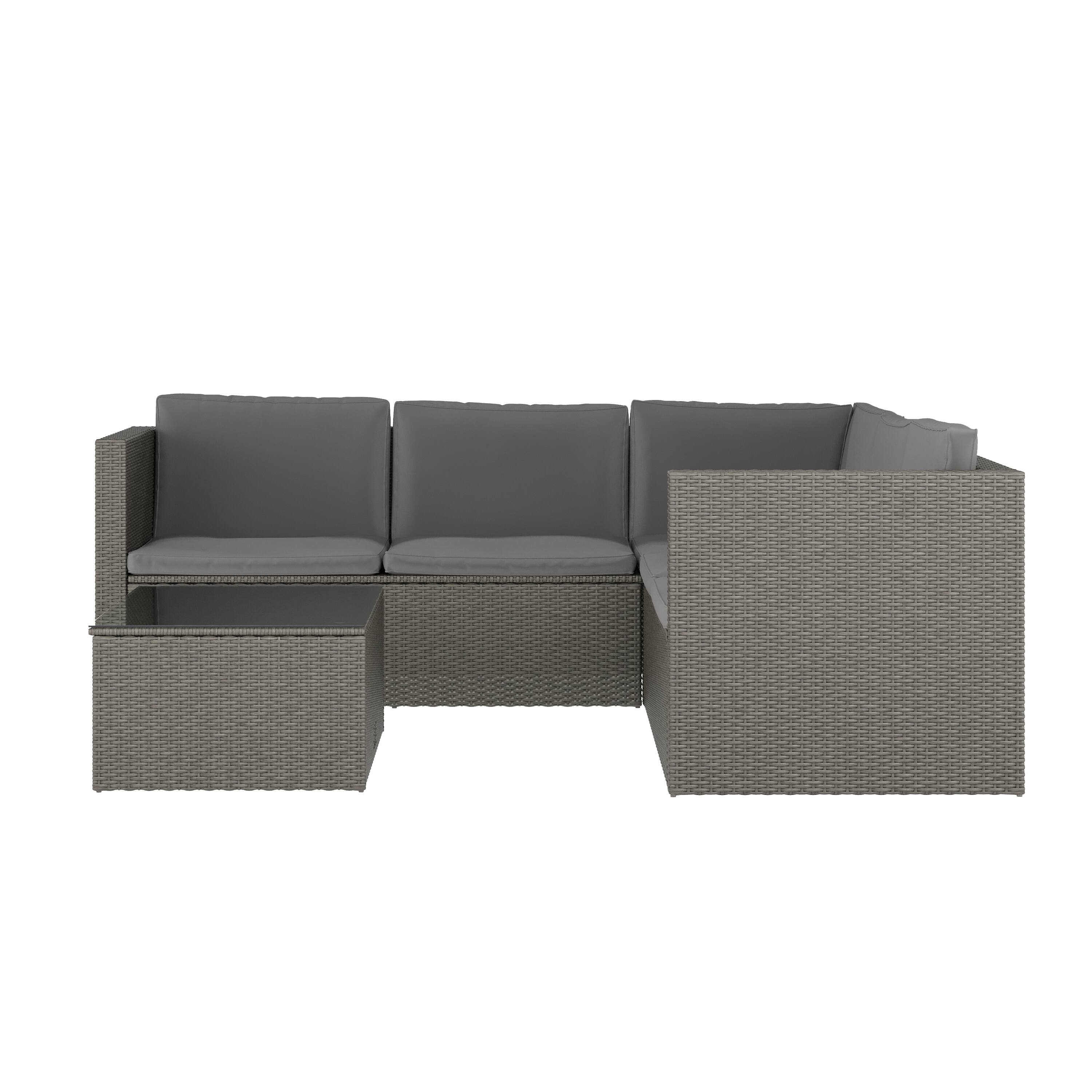 Alt View 9. Emma + Oliver - Beal All Weather Wicker PE Rattan L-Shaped Sectional Sofa with Coffee Table and Included Back and Seat Cushions - Gray Cushions/Gray Frame.