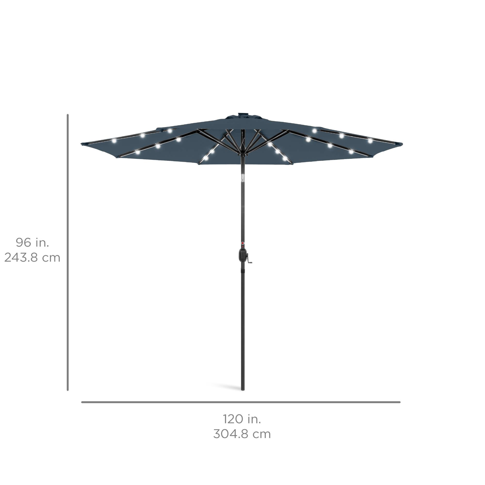 The text on the image shows the dimensions of an umbrella. Here is the corrected and grouped text:

- **Height:** 96 in. (243.8 cm)
- **Diameter:** 120 in. (304.8 cm)