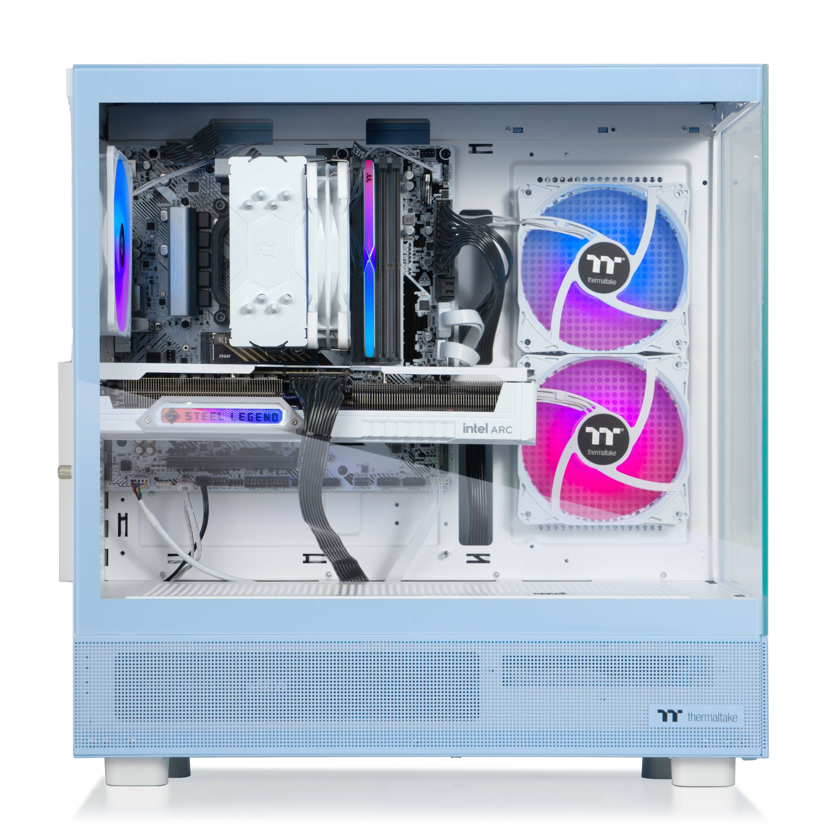 The image shows a computer case with a blue and white color scheme. The case is filled with various components, including a motherboard, a CPU, and two fans. The fans are positioned on the left and right sides of the case, and they are both pink and white in color. The case is also equipped with a power supply and a hard drive. The overall design of the case gives it a sleek and modern appearance.
