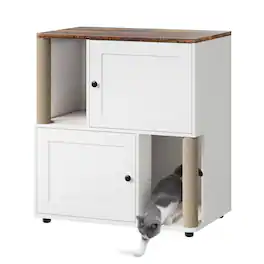 Ficcuss Pets - Double Layer Cat Litter Box Enclosure for 2 Cats, Wooden Furniture with Scratching Posts & Board - White