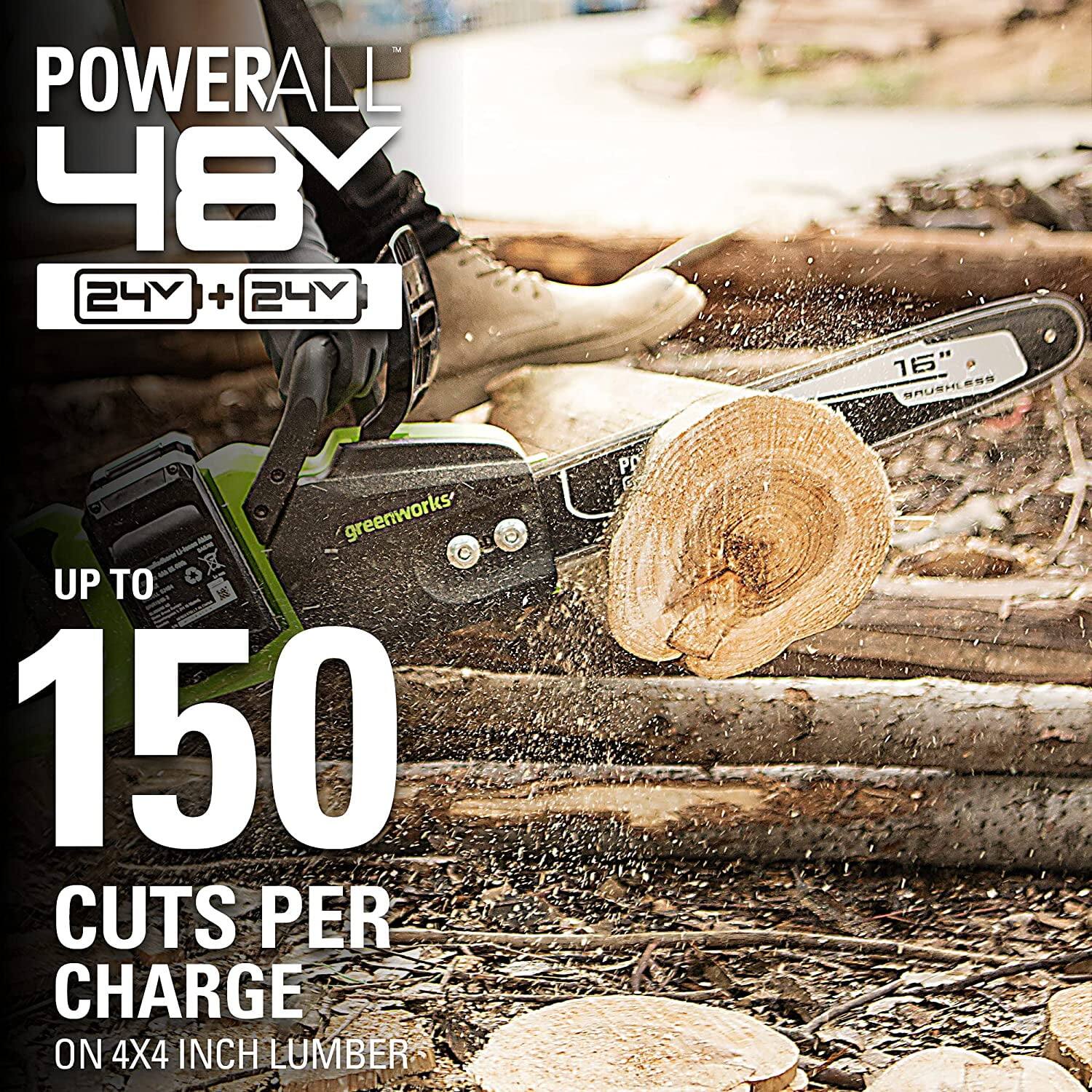 POWERALL 48V  
24V + 24V  

UP TO 150 CUTS PER CHARGE ON 4X4 INCH LUMBER  

16" BRUSHLESS  

greenworks