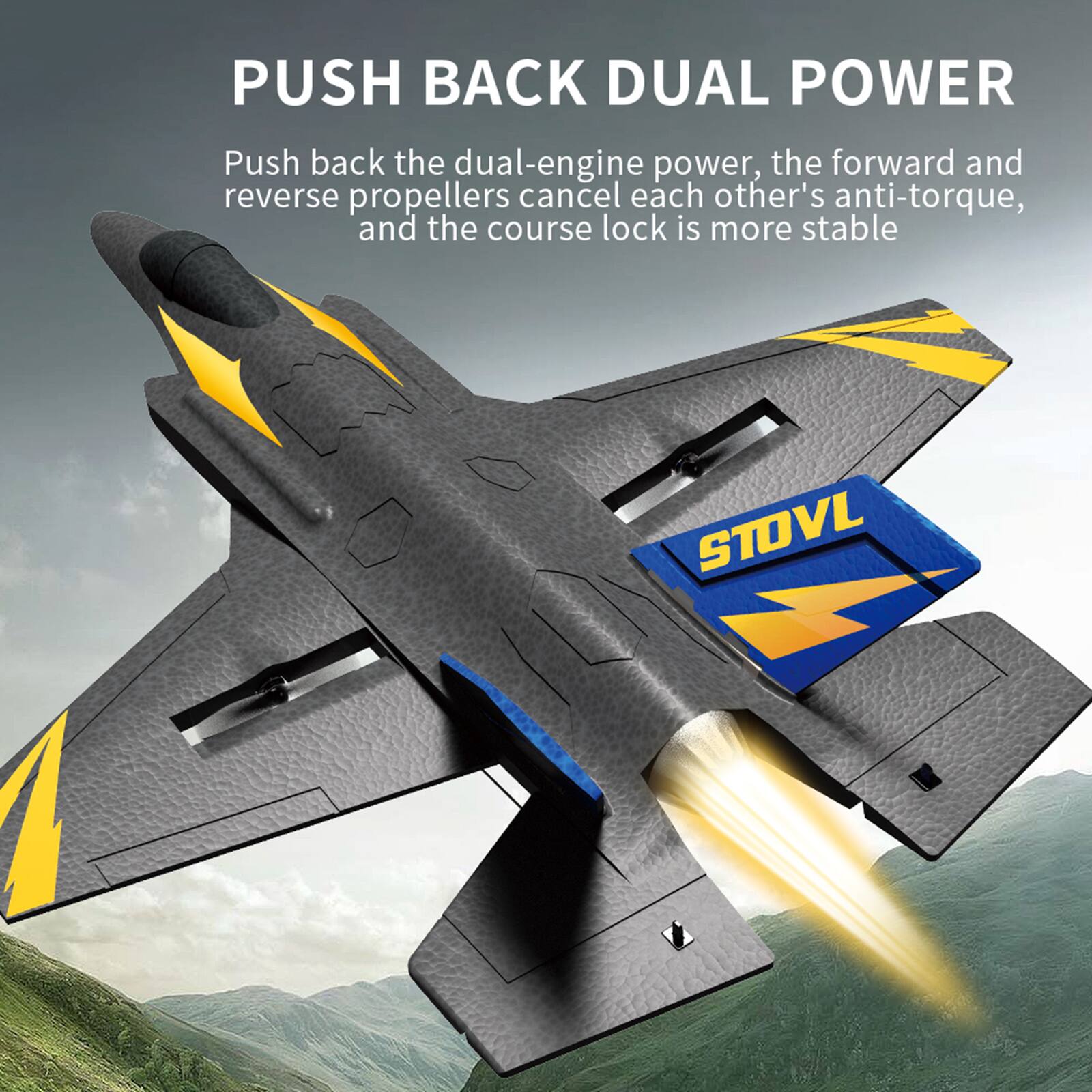PUSH BACK DUAL POWER

Push back the dual-engine power, the forward and reverse propellers cancel each other's anti-torque, and the course lock is more stable

STOVL