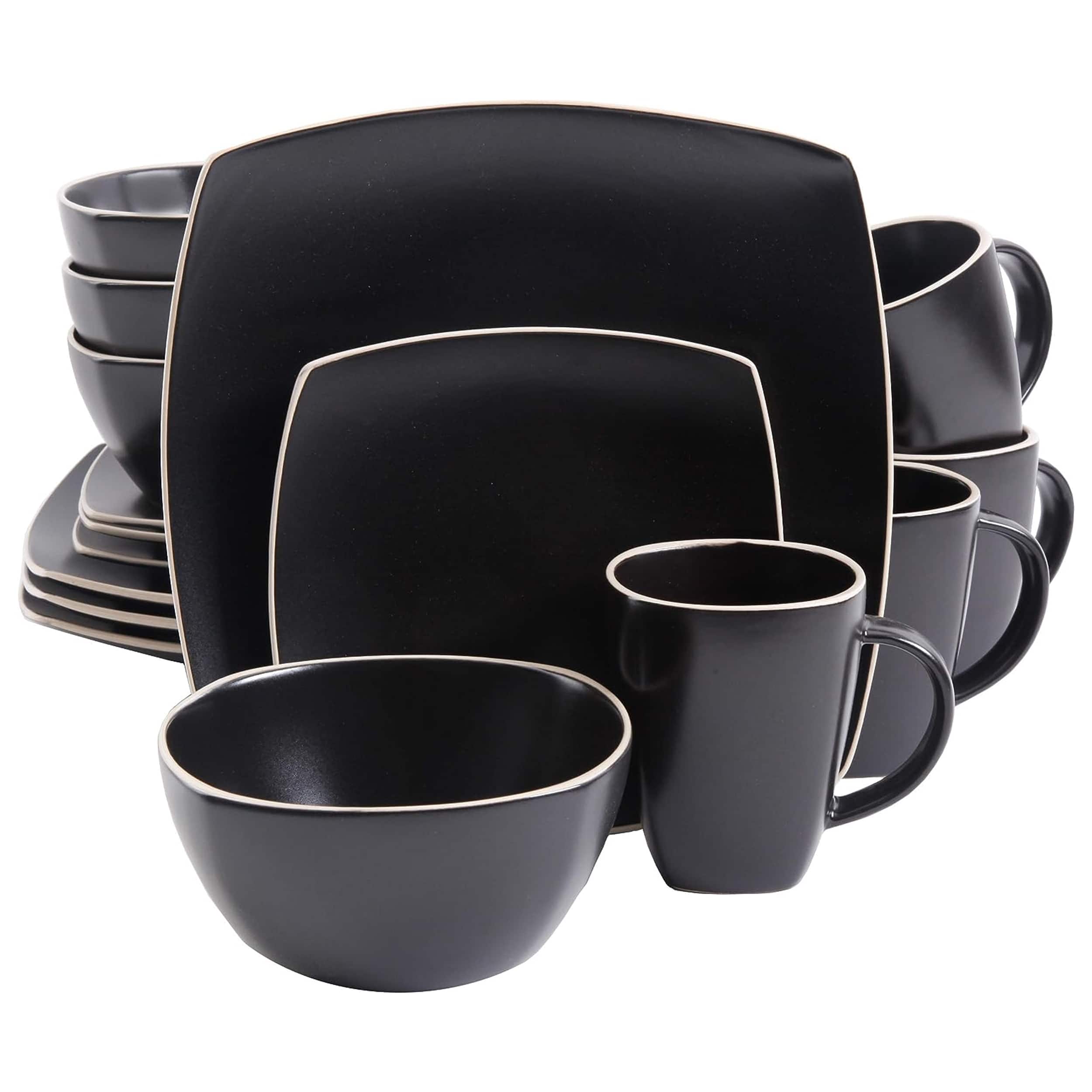 Gibson - Soho Lounge 16 Piece Soft Square Stoneware Dinnerware Set in Matte - Black
