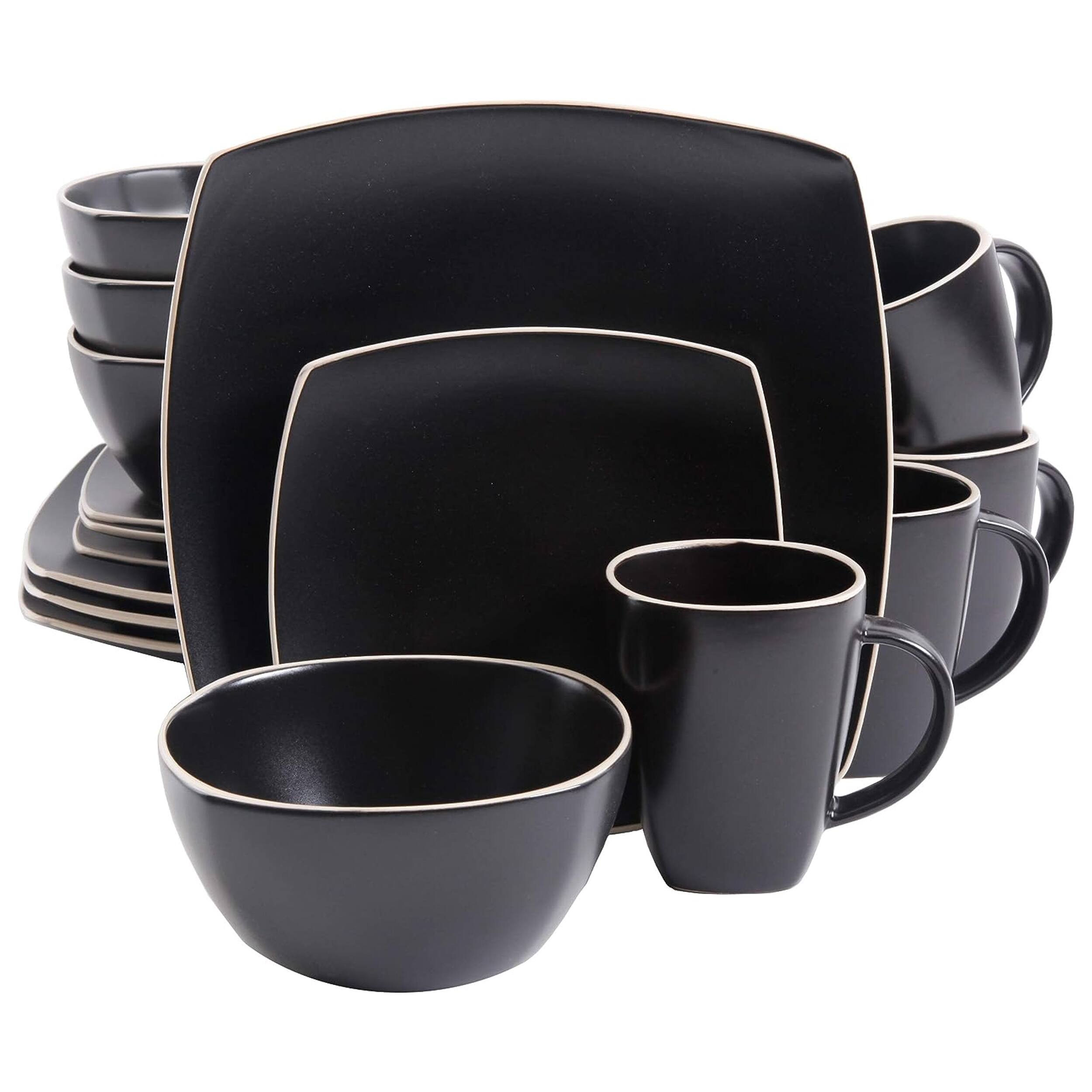 Gibson - Soho Lounge 16 Piece Soft Square Stoneware Dinnerware Set in Matte - Black