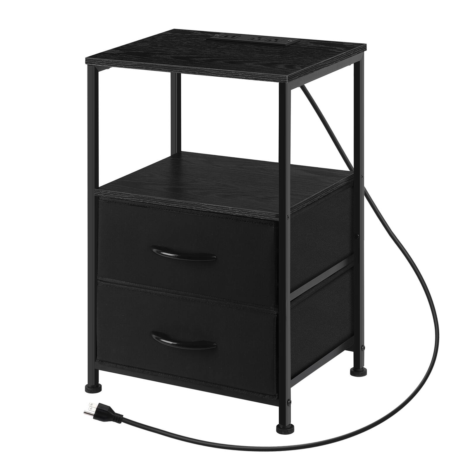 Angle. Oumilen - Nightstand with 2 Fabric Drawers and Charging Station, Black - Black.