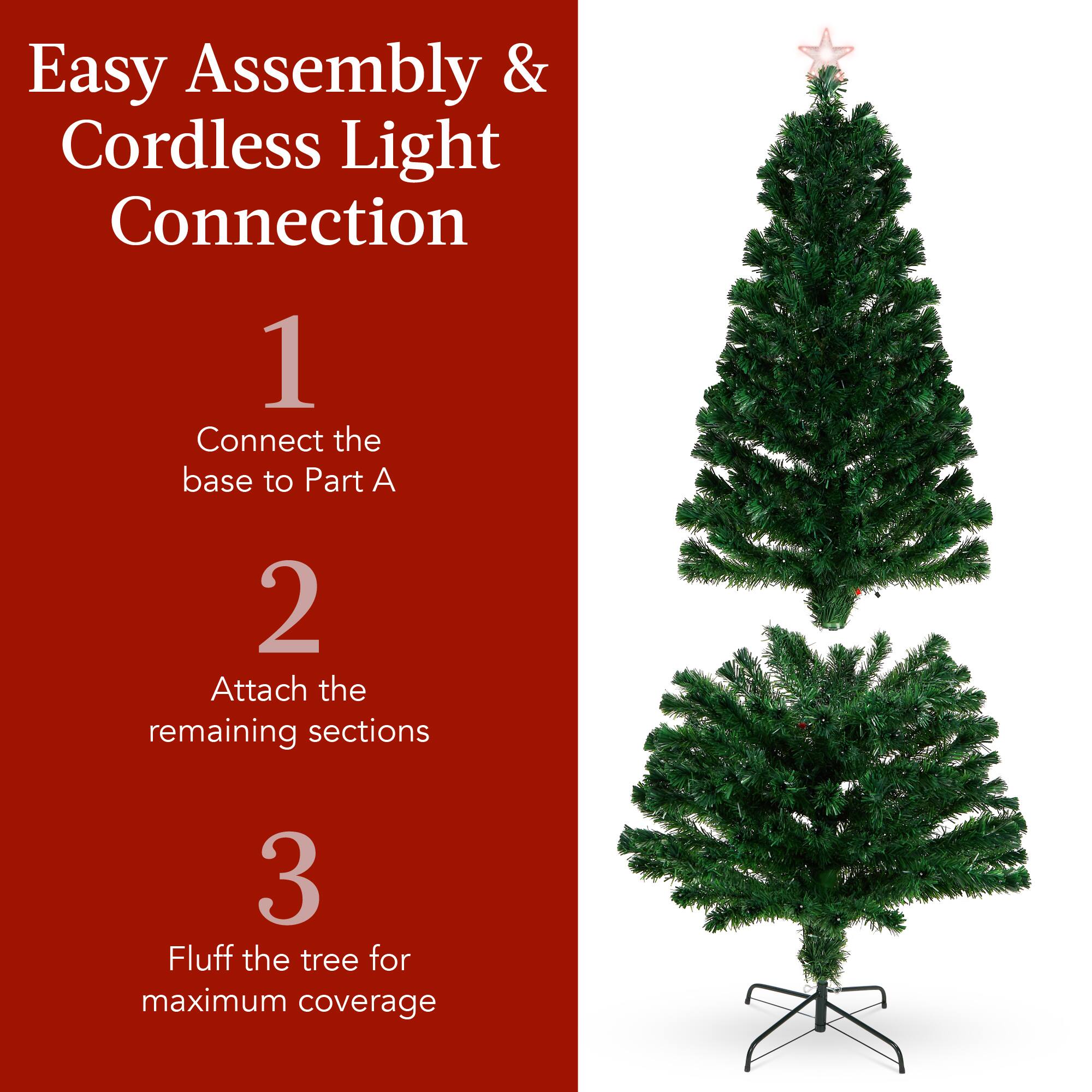 Easy Assembly & Cordless Light Connection

1. Connect the base to Part A
2. Attach the remaining sections
3. Fluff the tree for maximum coverage