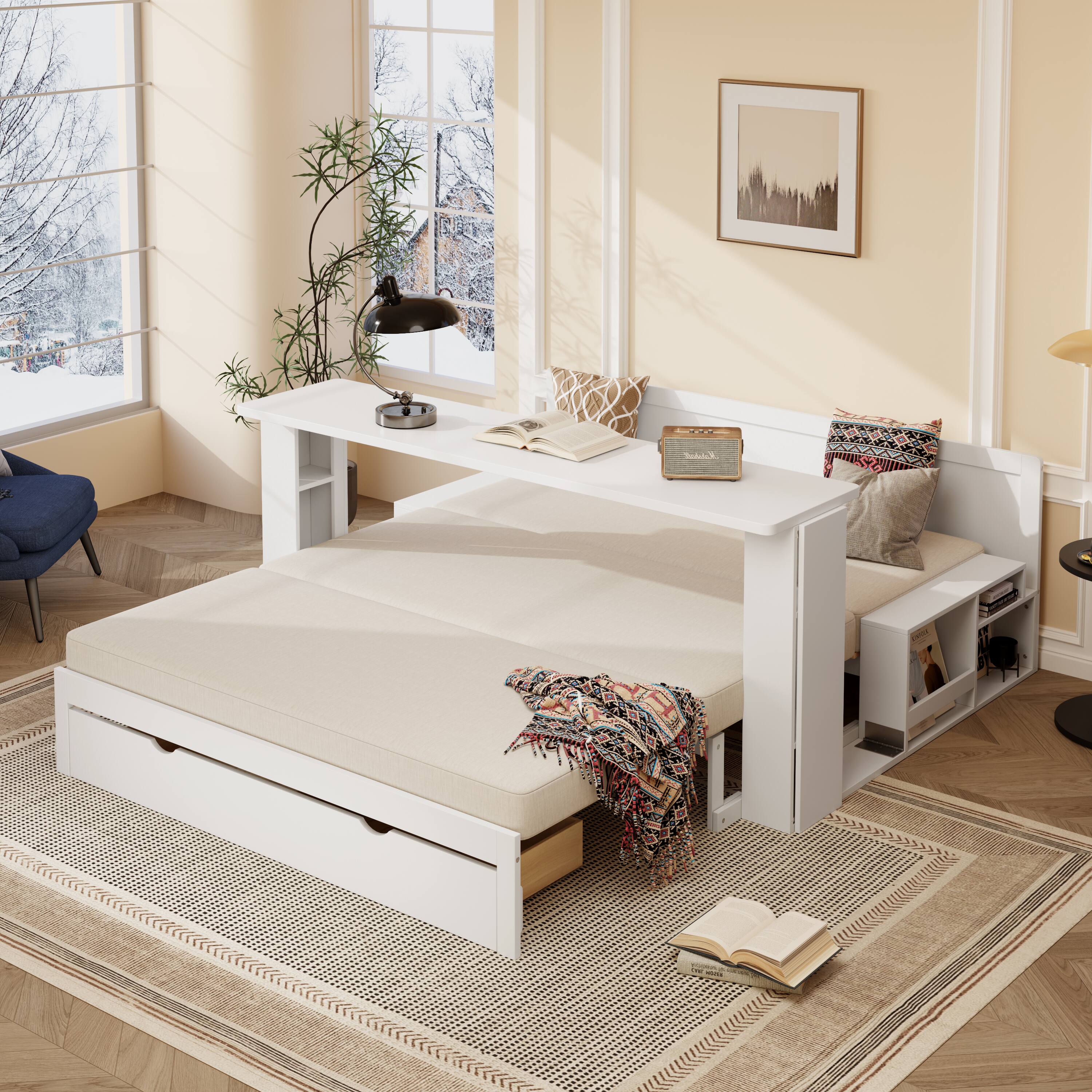 Alt View 1. Anysun - Queen Size Daybed with Removable Desk, Storage Drawers & Hydraulic Side Table - White.