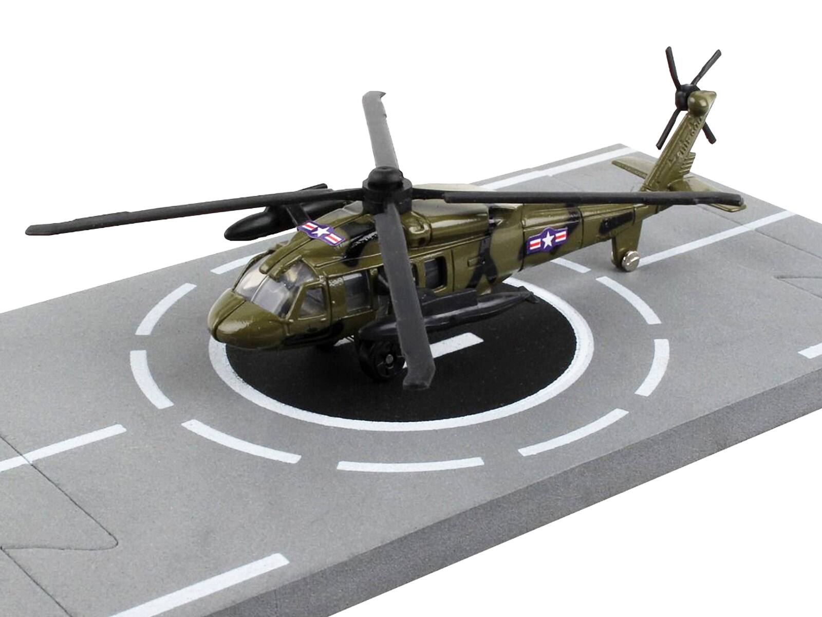 Left. Runway24 - Sikorsky UH-60 Black Hawk Helicopter Olive Drab "United States Army" with Runway Section Diecast Model by Runway24 - Olive.