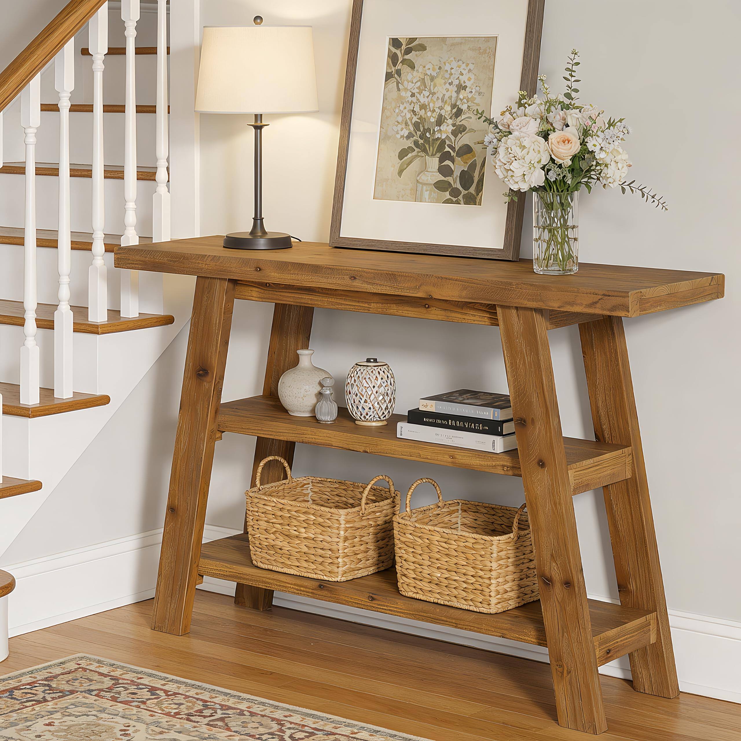 Alt View 2. Tribesigns - 47" Solid Wood Entryway Table, Farmhouse Console Table with 3-Tier Shelves, Narrow Behind Sofa Couch Table, Rectangular - Brown.
