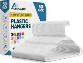 Lifemaster - Plastic Hangers – Heavy Duty, Non-Slip, Space-Saving, Holds 5 lbs, for Clothes, Dresses & Coats, Pack of 50 - White